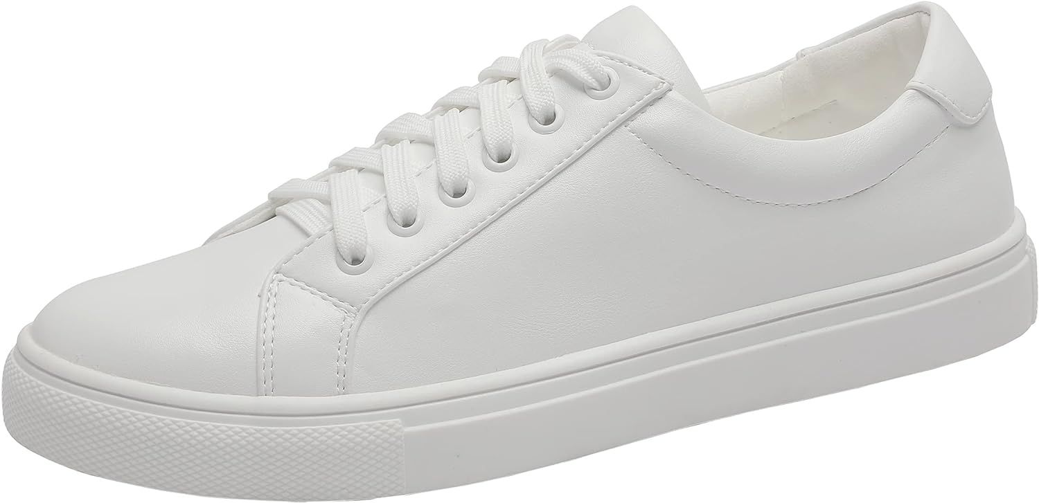 Classic White Sneakers for Women PU Leather Tennis Shoes Low Top Casual Shoes | Amazon (US)