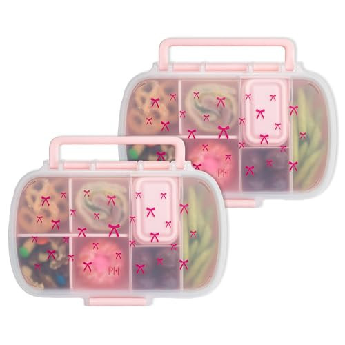 Paris Hilton 2-Pack Bento Style Snack Boxes, 7-Compartment Lunch Containers with Built-In Phone Stand, Removable Dividers and Dip Containers, Pink Bow Print | Amazon (US)