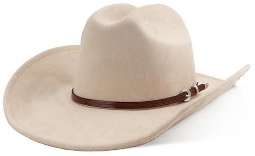 Melesh Adult Women Men Cowgirl Felt Wide Brim Costume Western Cowboy Hat (S-Beige) | Amazon (US)