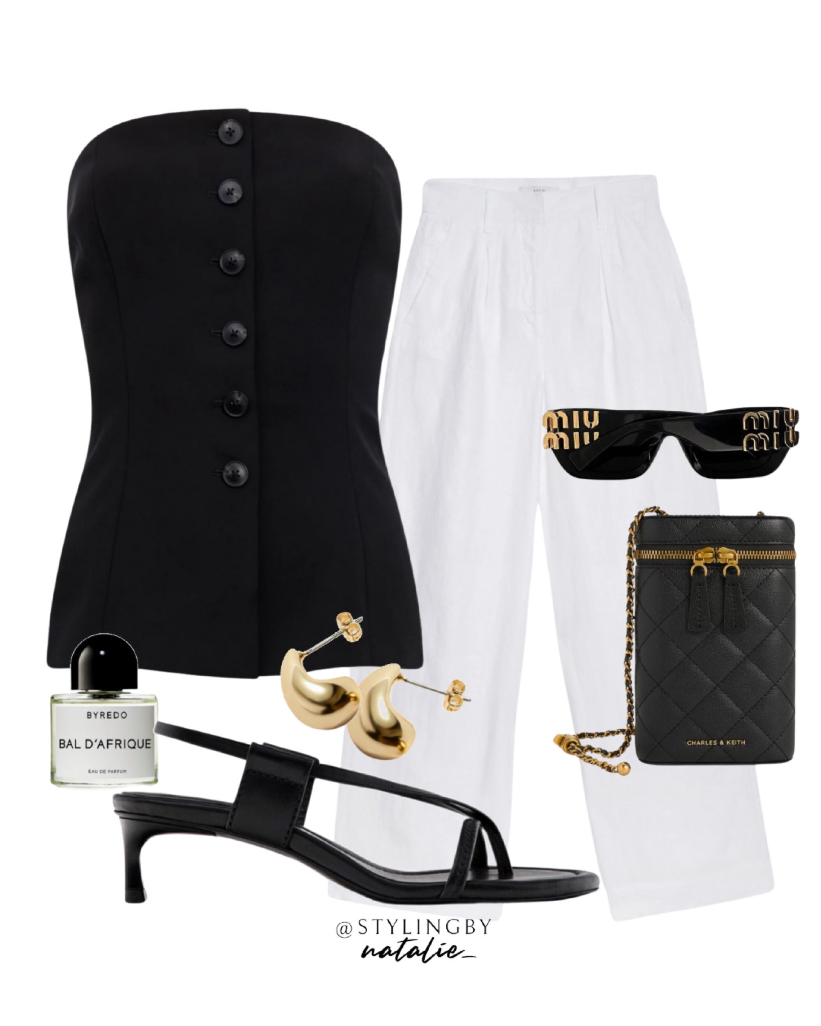 Black button bandeau top, white linen trousers, black kitten heel sandals, quilted chain bag, gold teardrop earrings & Miu Miu sunglasses. 
🏷️ going out outfit, classy style, date night look, gold jewellery, holiday outfit, Byredo fragrance

#LTKpartywear #LTKstyletip #LTKsummer