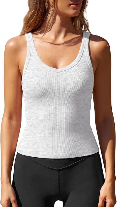 Darong Womens V Neck Tank Tops with Built in Bras Ribbed Sleeless Shirts | Amazon (US)