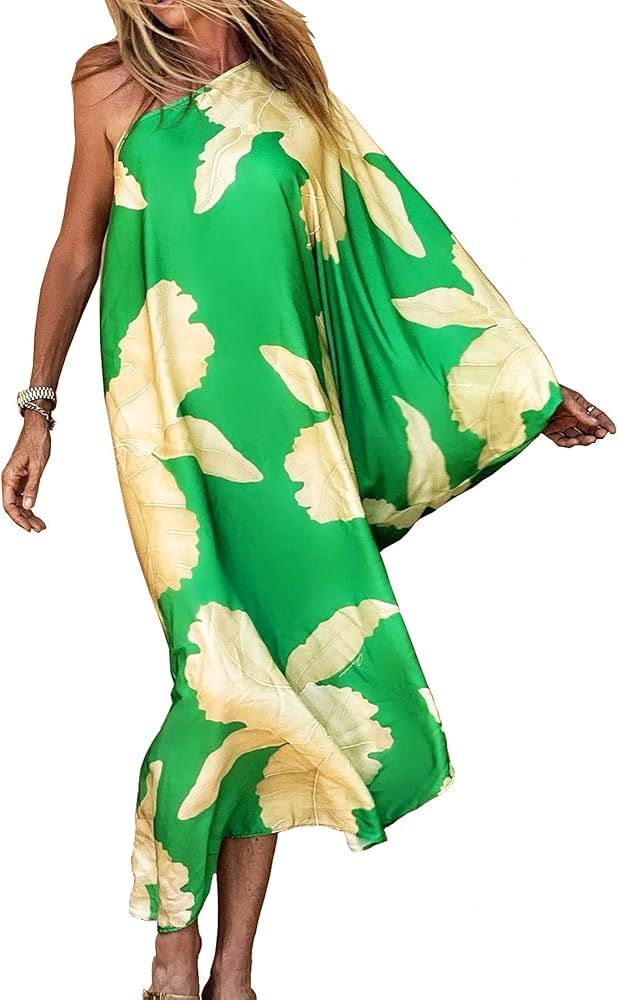 AGFEE Womens Beach Coverup Dress Floral Print One Shoulder Kaftan Swimwear Maxi Dresses | Amazon (US)