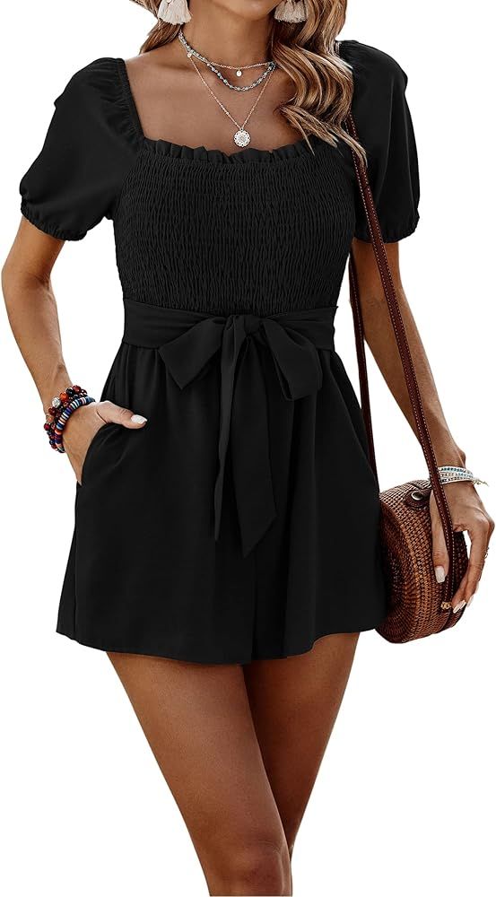 CCTOO Womens Rompers Smocked High Waist Ruffle Sleeves Short Outfits Jumpsuits with Belt | Amazon (US)