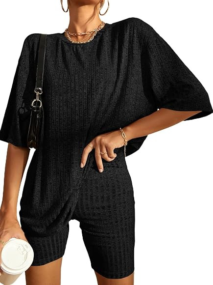 WDIRARA Women's 2 Piece Outfits Ribbed Short Sleeve Drop Shoulder Tee and Shorts Set | Amazon (CA)