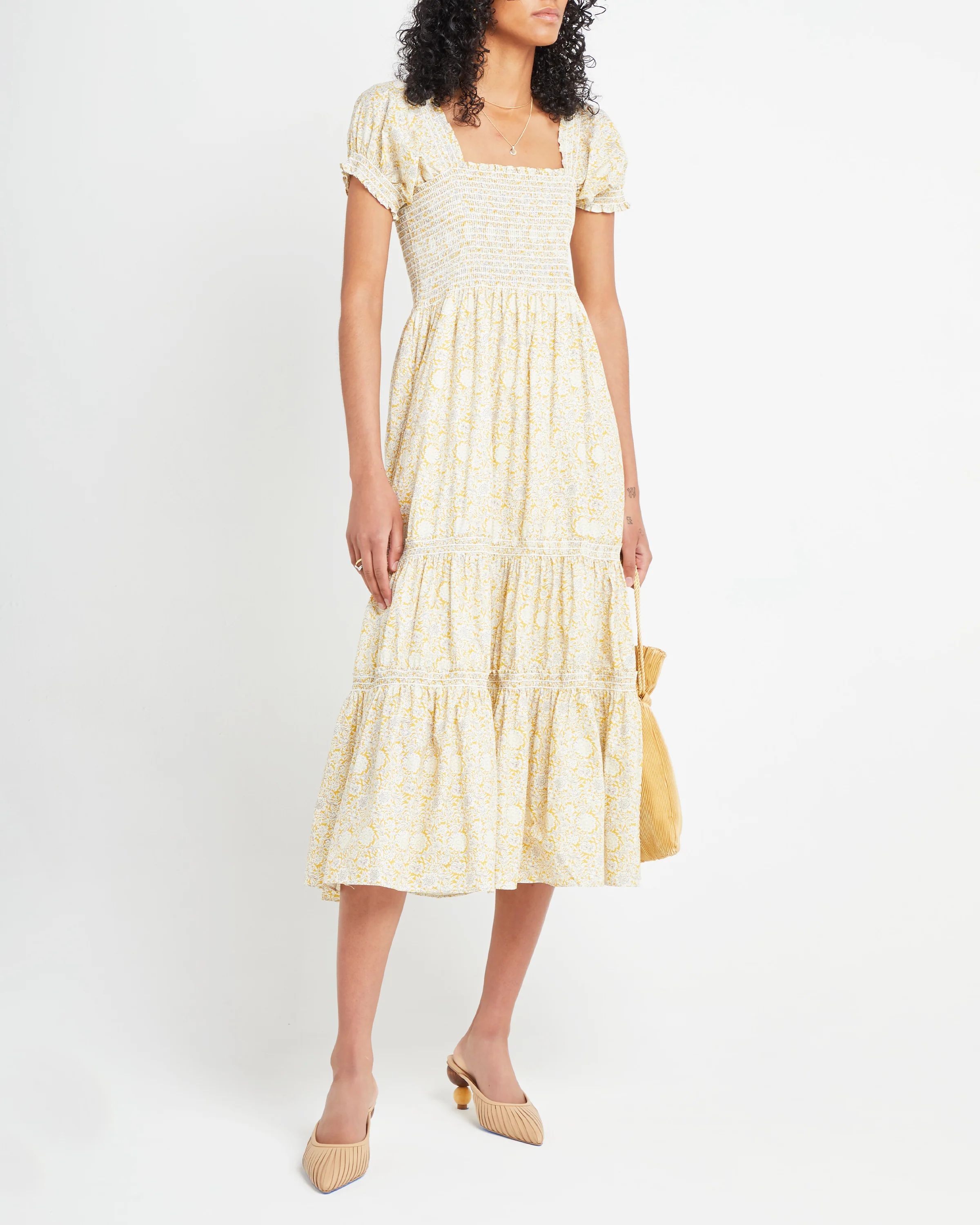 Square Neck Smocked Maxi Dress, Yellow Floral / XS | Few Moda