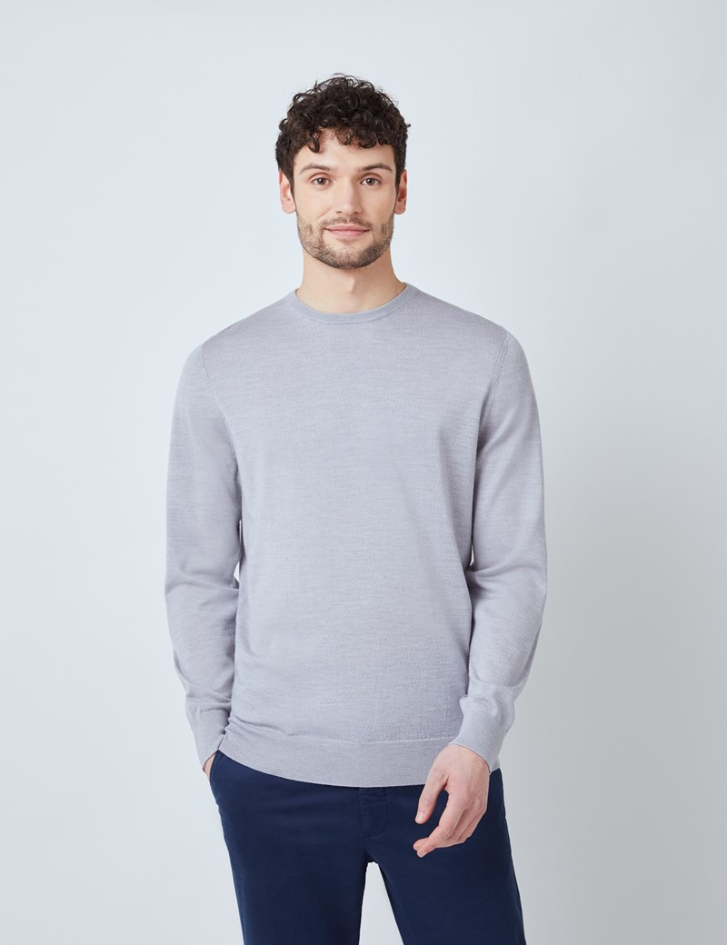 Merino Wool Fine Guage Crew Neck Jumper in Grey | Hawes & Curtis | Hawes and Curtis (US & CA)