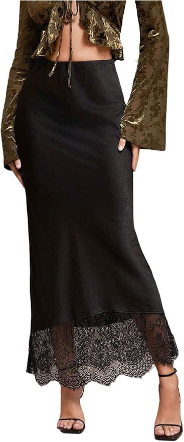 MakeMeChic Women's Satin Lace Maxi Skirt Silk High Waist Fishtail Long Skirts | Amazon (US)