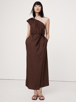 Ruched Cotton Poplin One-Shoulder Maxi Dress | Banana Republic (US)