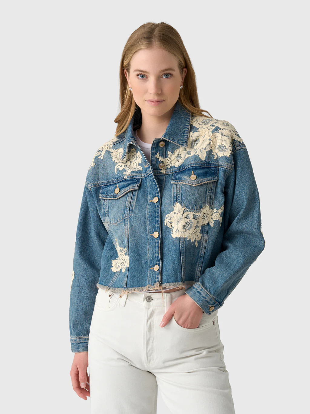 LoveShackFancy Women's Amana Lace Appliqu\u00e9 Denim Jacket | Saint Bernard