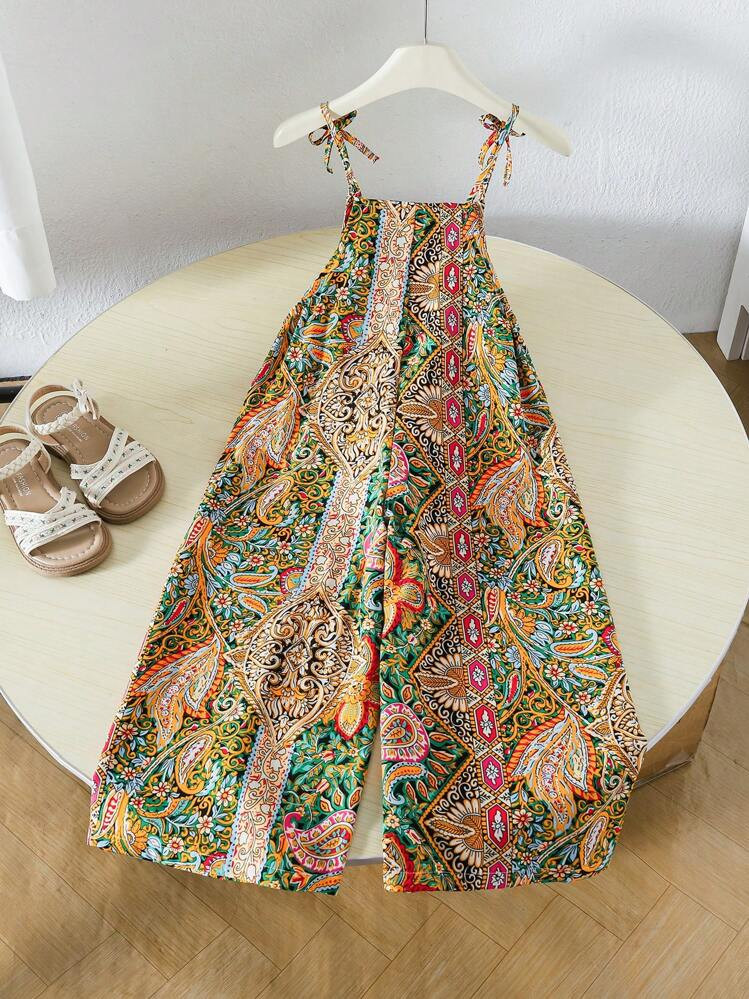 SHEIN Young Girl Paisley Flower Print Wide Leg Loose Jumpsuit | SHEIN