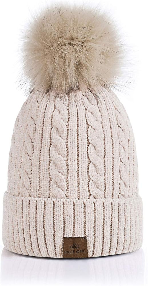 PAGE ONE Women Winter Pom Pom Beanie Hats Warm Fleece Lined,Chunky Trendy Cute Chenille Knit Twist C | Amazon (US)