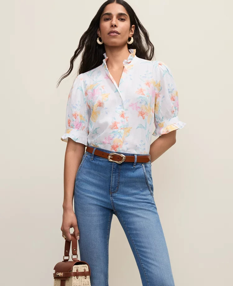 Floral Linen Blend Ruffle Blouse | Ann Taylor