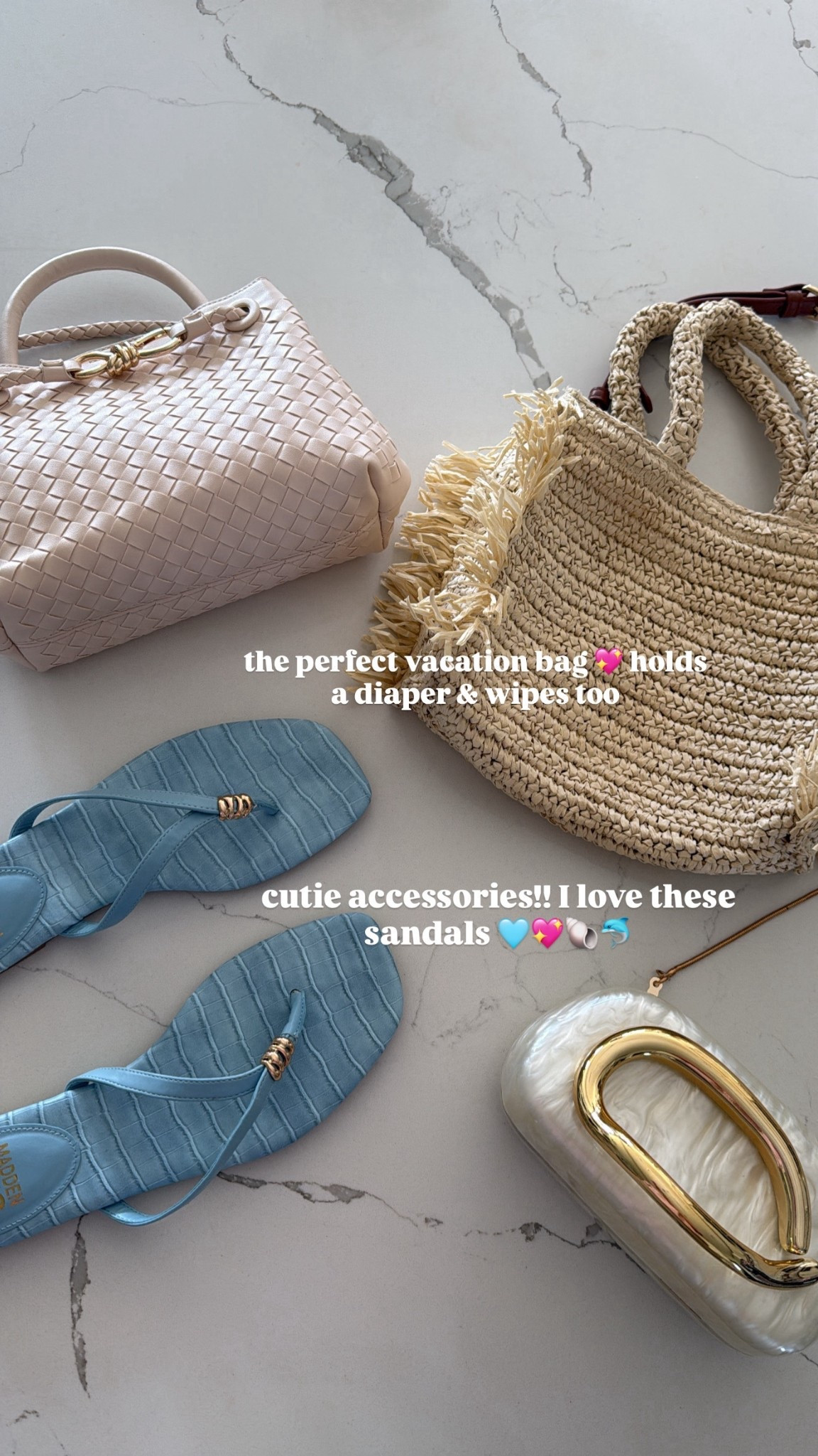 Spring accessories 🩵
This bag I carried on vacation & it was perfect with every outfit!!
Cutie Walmart sandals
Use code NICOLELEFFEW40 off the @VICI bag 
