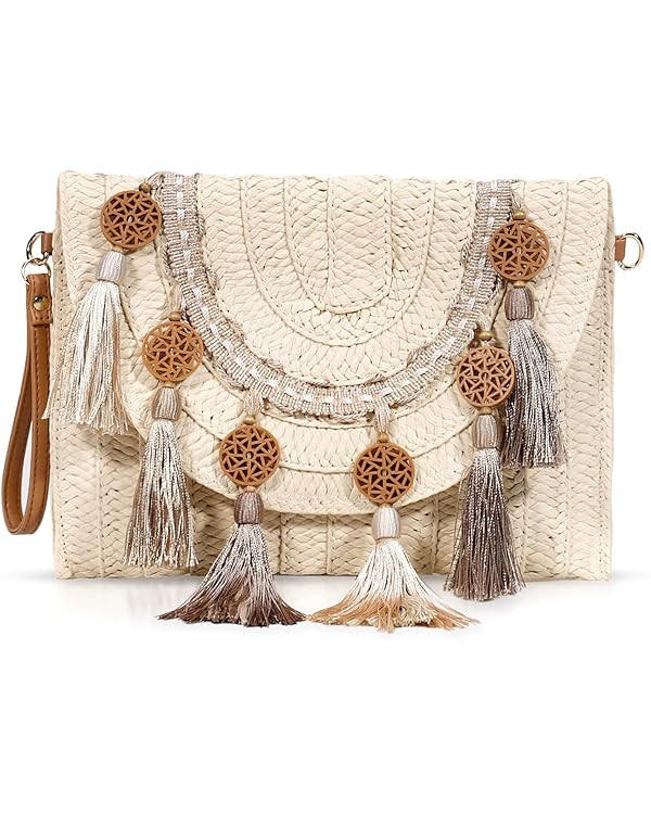 Crossbody Bags for Women, Clutch Purses, Straw Beach Bag, Bohemian Handmade Woven Purse, Tassel H... | Amazon (US)