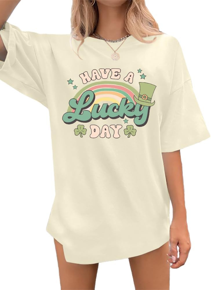 St. Patrick's Day Shirts for Women Have A Lucky Day T-Shirt Oversized Lucky Shamrock Irish Gift S... | Amazon (US)