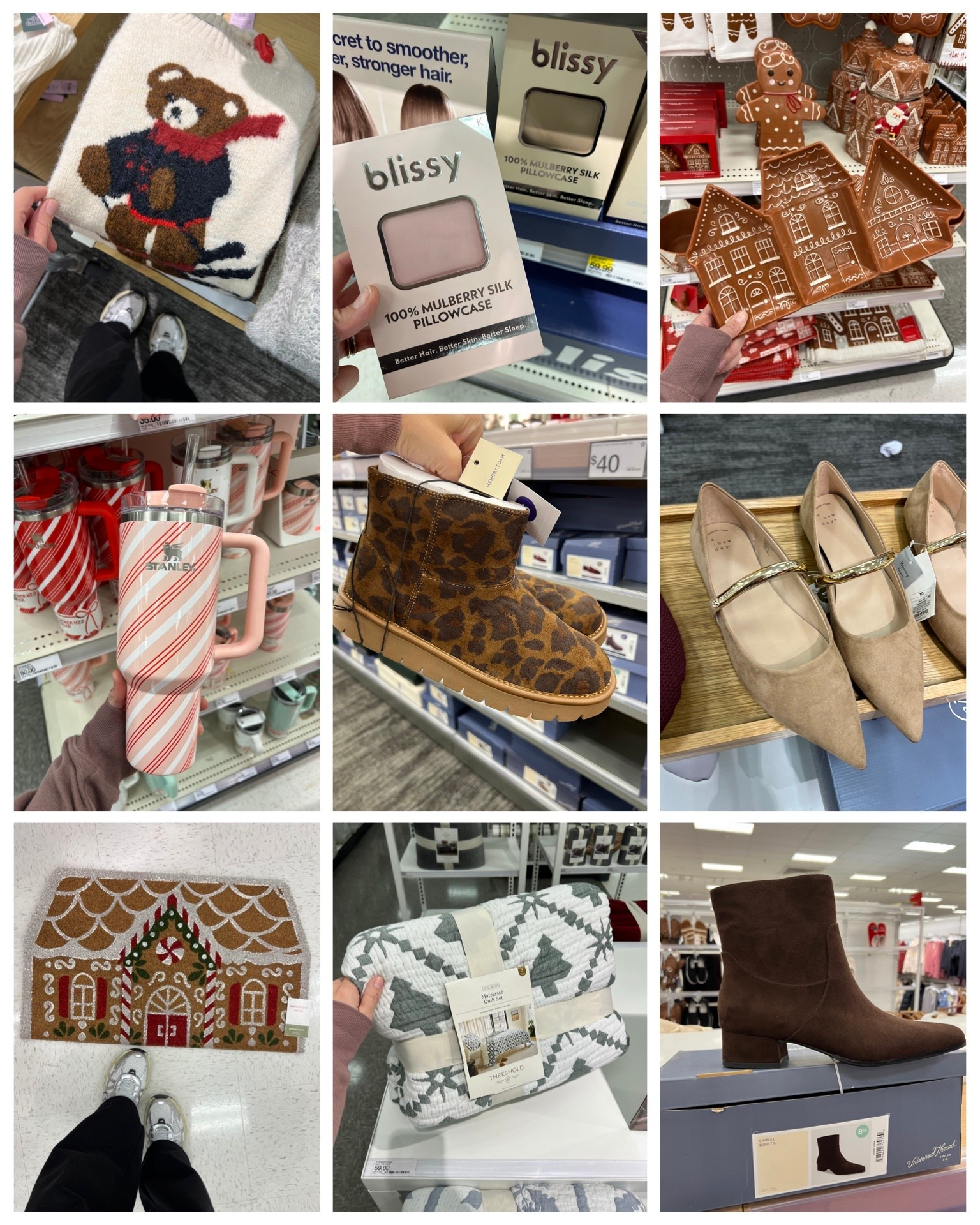 Target favorite finds! Teddy bear sweater, silk pillowcase, gingerbread house kichen collection, holiday Stanley, Ugg look for less, gingerbread doormat, pottery barn look for less quilt and more. #gift idea targetstyle 

#LTKStyleTip #LTKFindsUnder100 #LTKFindsUnder50