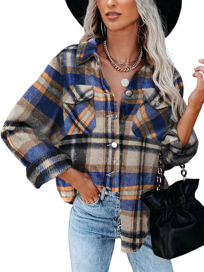 BTFBM Women Shacket Jacket Long Sleeve Button Down Casual Plaid Flannel Shirts Loose Fall Spring ... | Amazon (US)