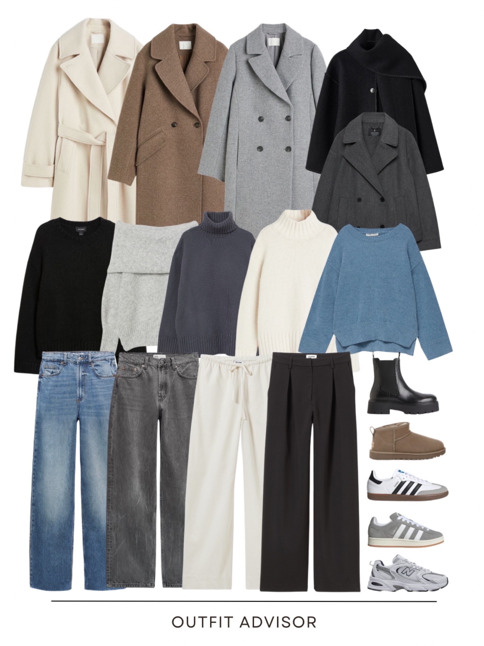 Part 1 of the viral TikTok capsule wardrobe: coats and tops. A brown coat, a beige belted coat, a grey double breasted coat, a black scarf coat, a short grey coat, an off the shoulder grey knit, a classic black knit, a light blue sweater, a grey and beige turtleneck, 3 long sleeve fitted shirts.

#LTKHoliday #LTKstyletip #LTKGiftGuide