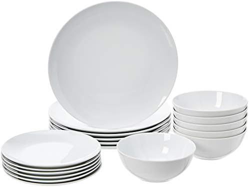 Amazon Basics 18-Piece Kitchen Dinnerware Set, Plates, Dishes, Bowls, Service for 6, White Porcelain | Amazon (US)