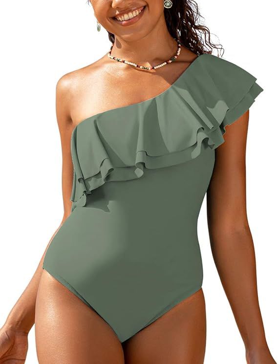 Hilor Women's One Shoulder Swimwear Asymmetric One Piece Swimsuits Ruffled Bathing Suits | Amazon (US)