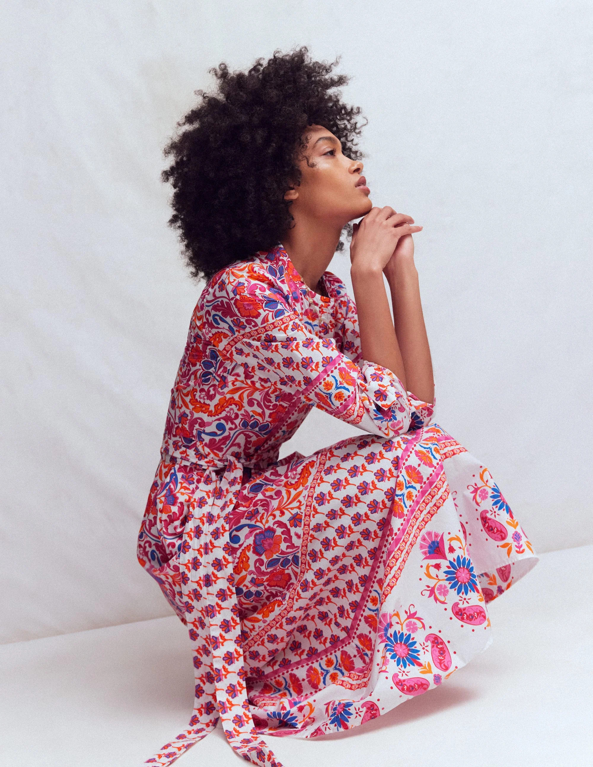 Ava Cotton Midi Dress-Pink Flourishing Meadow Border | Boden (US)