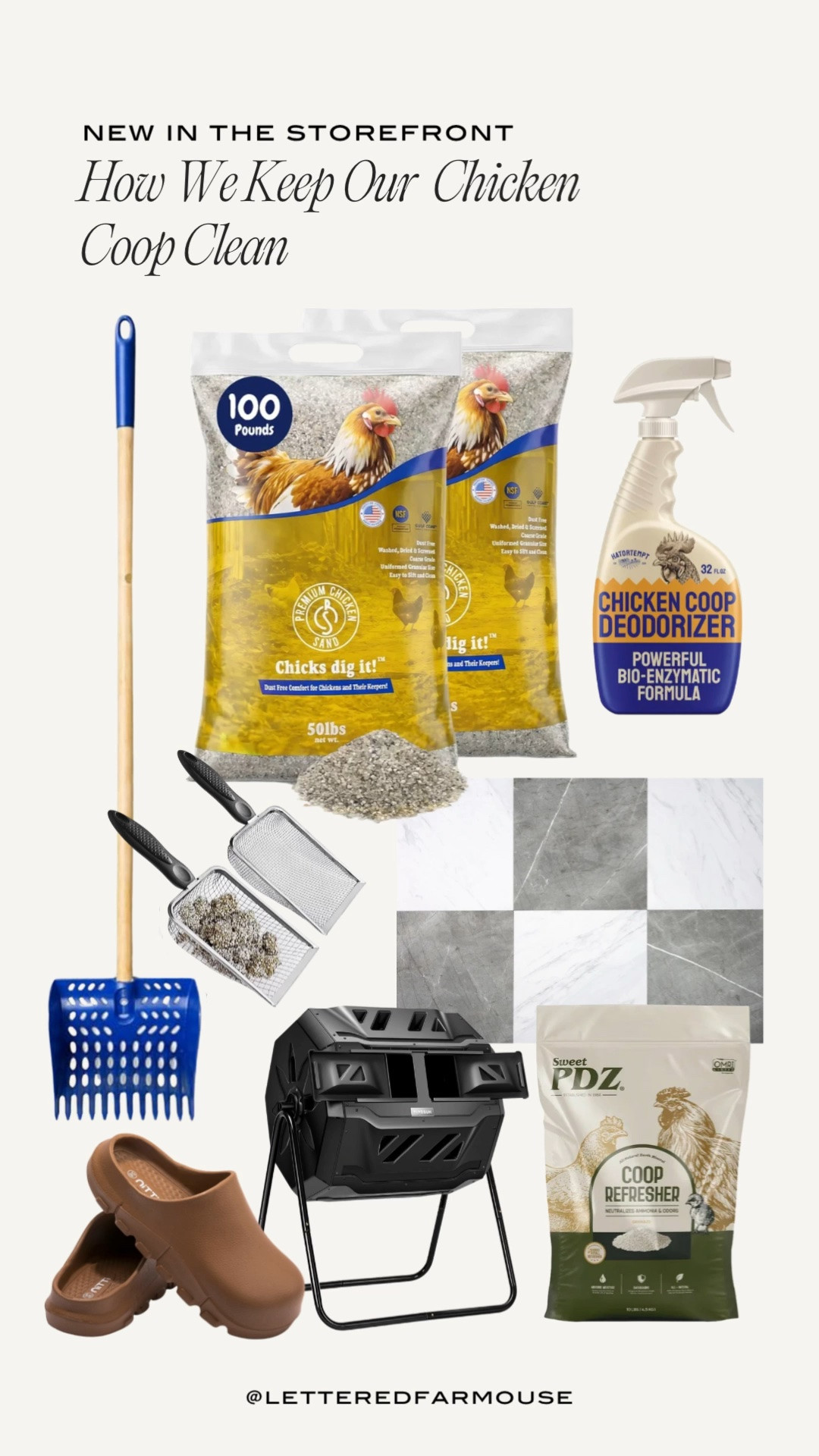 Everything we use to keep our chicken coop clean!! 
We have chicken sand in both or coop & run and even on our poop shelf under the nesting bars. Under the sand on the poop shelf we have sticky floor tiles to make for easier scooping. I typically clean at least once daily, but not totally necessary. I love the wire mesh hand scoops for the poop shelf & the blue coop scoop for everything else - between the sand and the scoop it’s like cleaning a giant litter box! 

The sweet pdz is top notch at breaking down the extra ammonia smells and I spray the roost bars with the deodorizer spray. 

We do first Saturday Lime the first Saturday of every month to help keep away mites! 

Chicken coop, chicken run, chicken roost, chicken predator proofing, chicken ramp, chicken poop shelf, chicken security, chicken ventilation

Comment SHOP below to receive a DM with the link to this post on my LTK ⬇ https://liketk.it/6iXRM

#LTKmorningroutine #LTKdayinmylife #LTKSeasonal #LTKdayinmylife #LTKmorningroutine #LTKmomlife