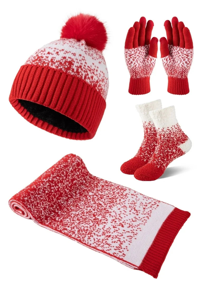 COOPLUS 4 Pcs Women Winter Christmas Hat Scarf Gloves Socks Set Knitted Beanie Cap Touchscreen Gl... | Walmart (US)