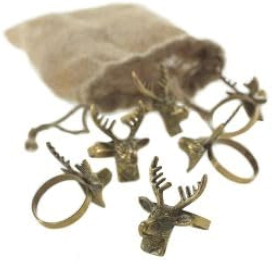 Accent Decor Deer Head Brass Napkin Rings in Jute Bag, Set of 6 | Amazon (US)