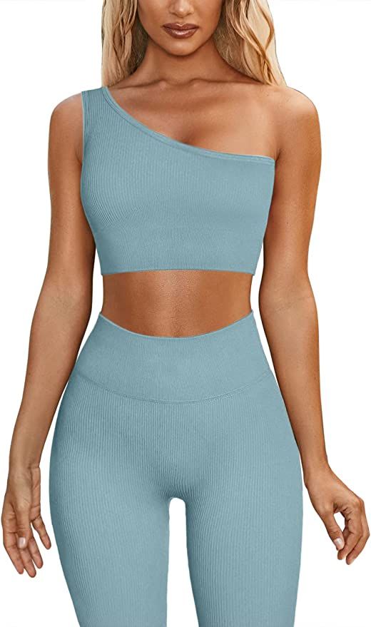 QINSEN 2 Pieces Workout Sets for Women One Shoulder Ribbed Sport Bra Seamless High Waist Leggings... | Amazon (US)