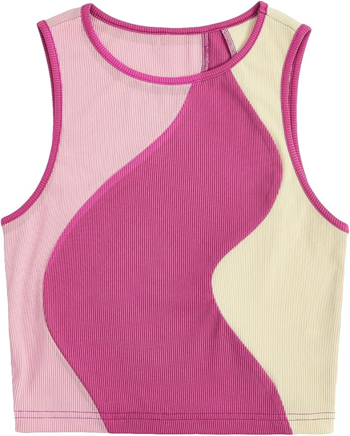 Verdusa Women's Color Block Round Neck Sleeveless Ribbed Crop Tank Top | Amazon (US)
