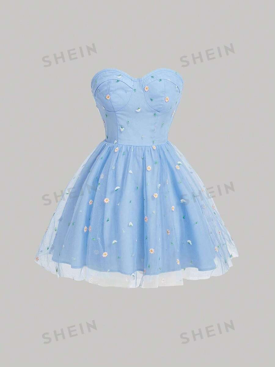 SHEIN MOD Daisy Print Mesh Overlay Tube Dress | SHEIN