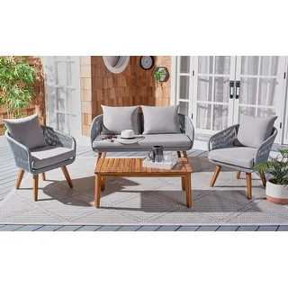 SAFAVIEH Outdoor Living Prester 4-piece Patio Conversation Set - Grey Rope/ Grey Cushion/Natural Leg | Bed Bath & Beyond