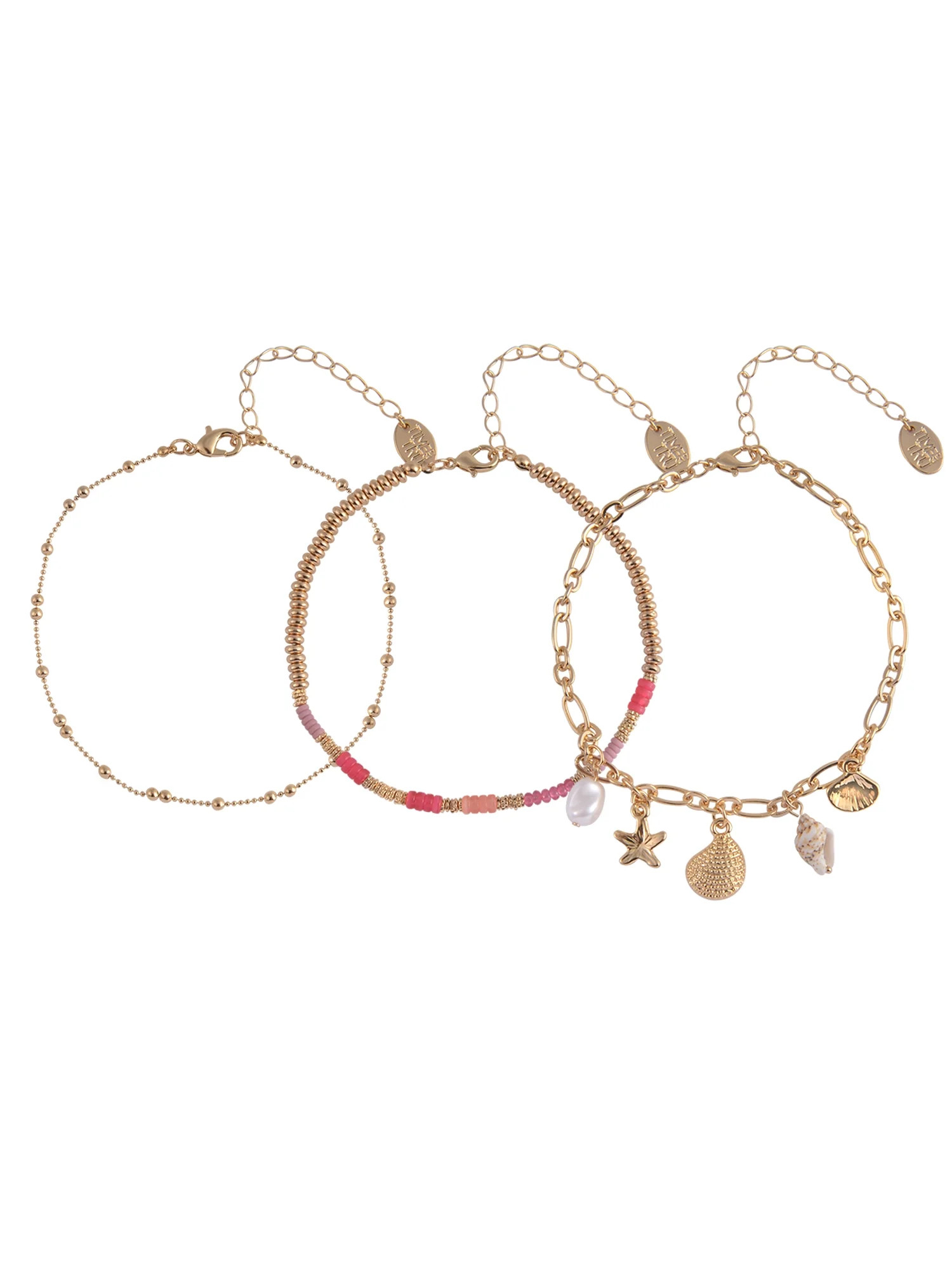 Time and Tru Adult Female Gold-Tone Metal Shell Charms, Ball Chain, and Acrylic Beaded 3pc Anklet... | Walmart (US)