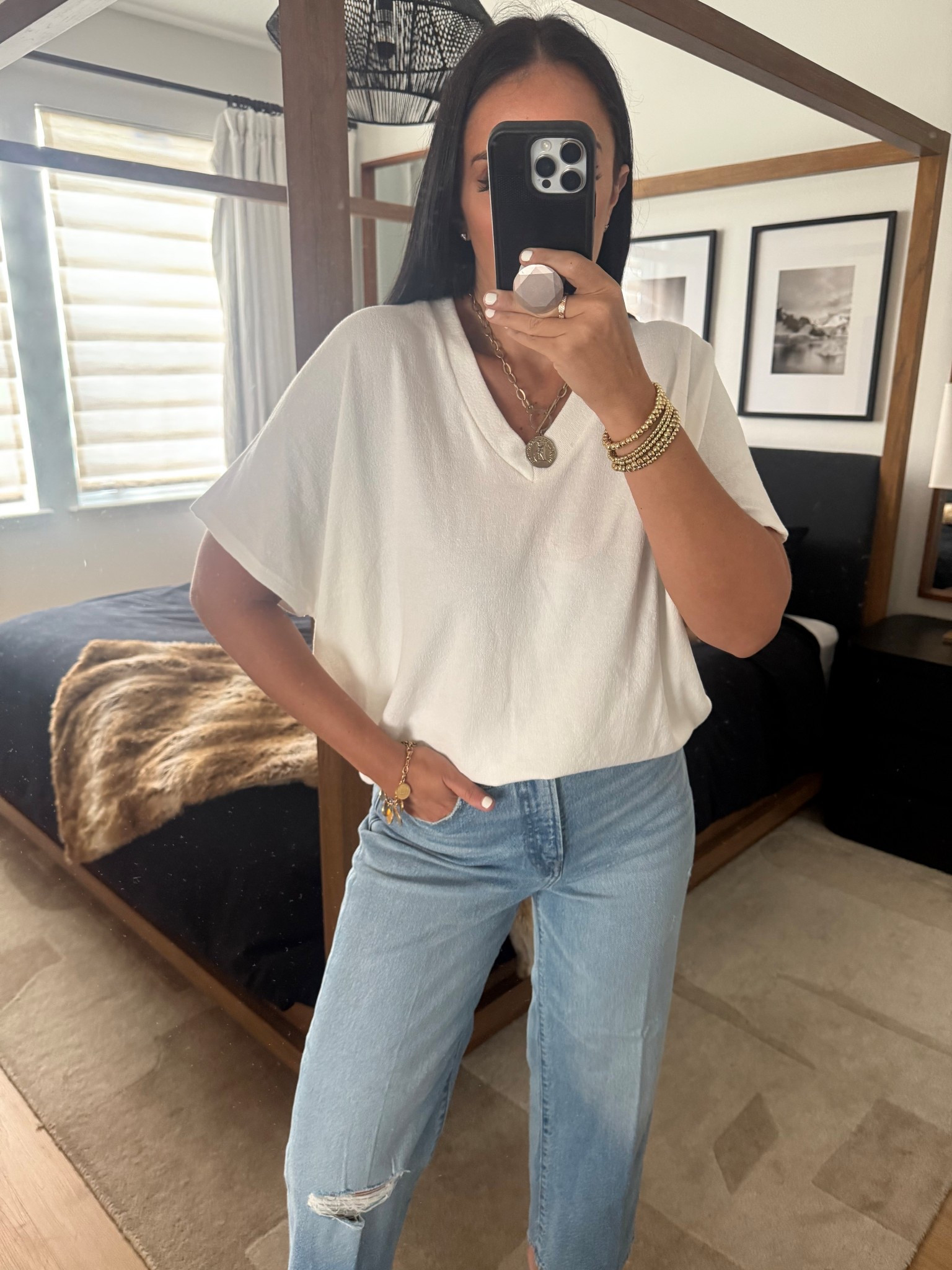 High Waisted Light Wash Ripped Wide Leg Ankle Jeans. Relaxed Crepe V-Neck Short Sleeve Sweater
