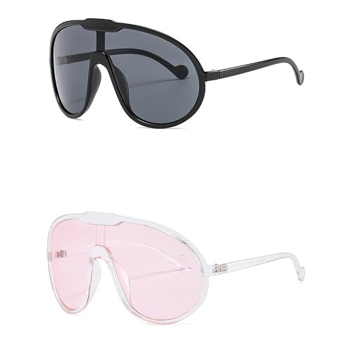 RAVI EYEWEAR Oversized One Piece Aviator Sunglasses For Women Fashion Men Wrap Around UV400 Shield Goggles (2 Packs: Black+Pink) | Amazon (US)