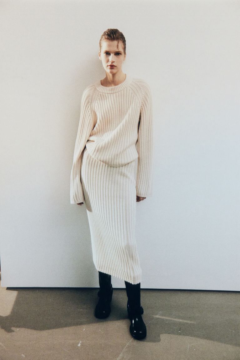 Rib-knit cotton skirt - Light beige - Ladies | H&M GB | H&M (UK, MY, IN, SG, PH, TW, HK)