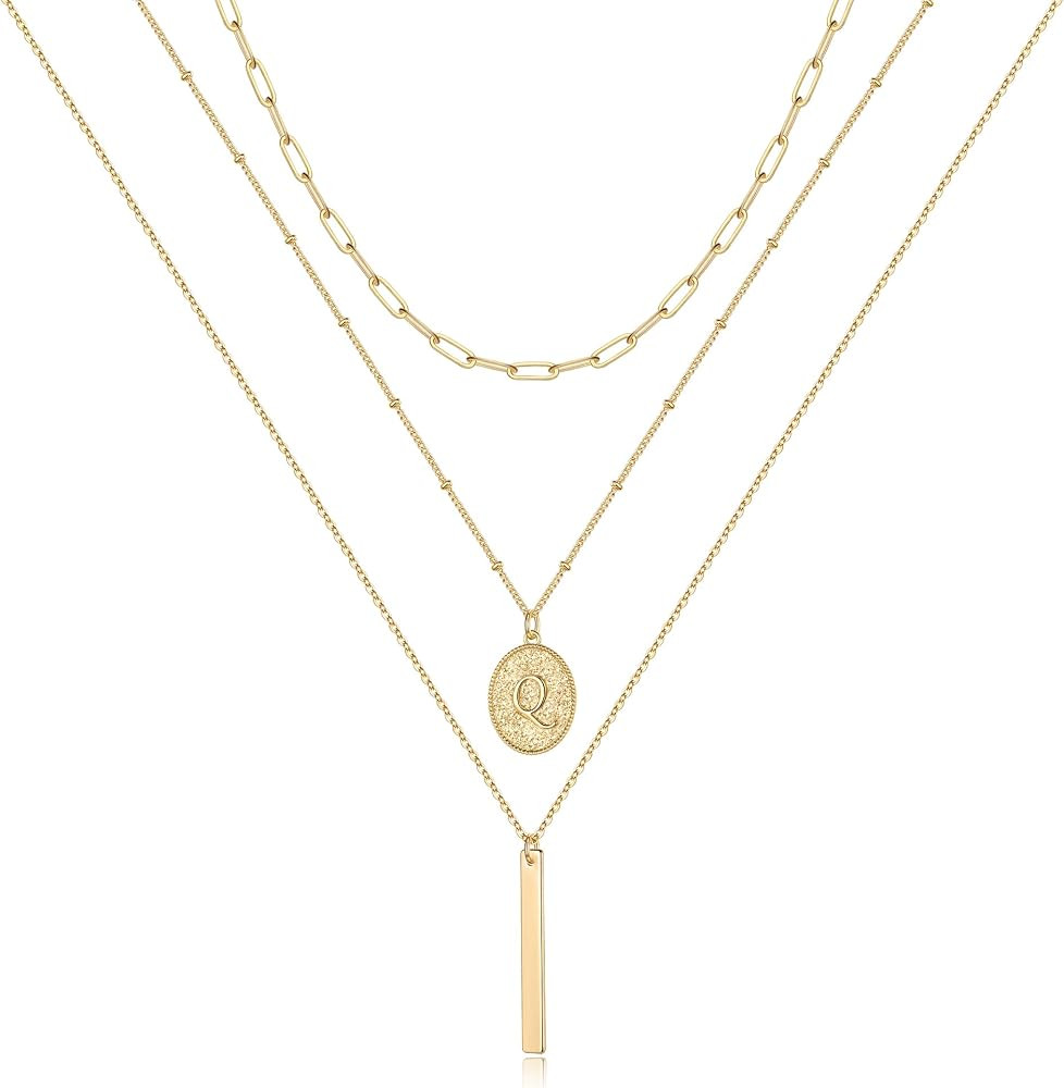 Gold Layered Initial Necklaces for Women, 14K Gold Plated Coin Letter Necklace Layering Paperclip... | Amazon (US)