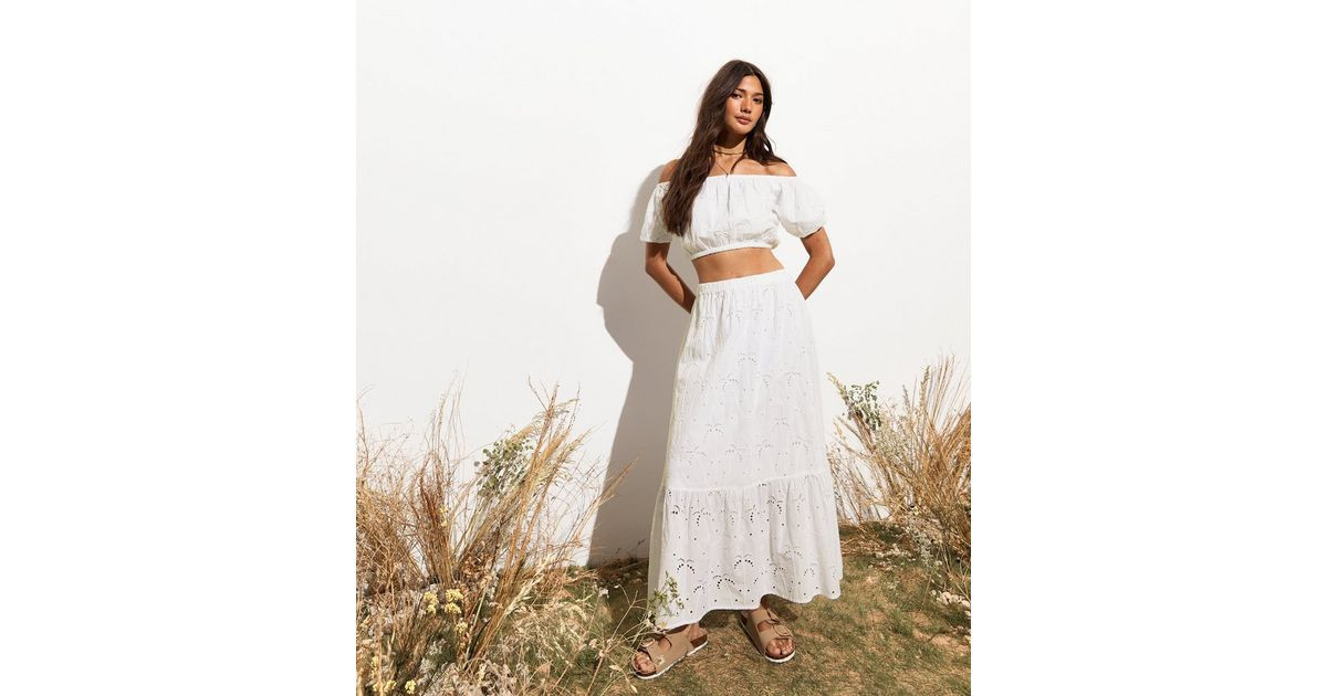 White Cotton Palm Embroidered Tiered Midi Skirt
						
						Add to Saved Items
						Remove from... | New Look (UK)