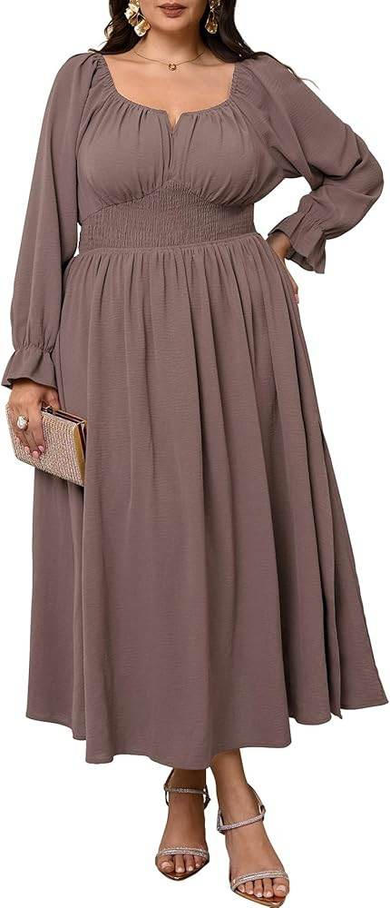 Plus Size Maxi Dresses for Curvy Women Wedding Guest Long Sleeve Square Neck Smocked Empire Waist... | Amazon (US)