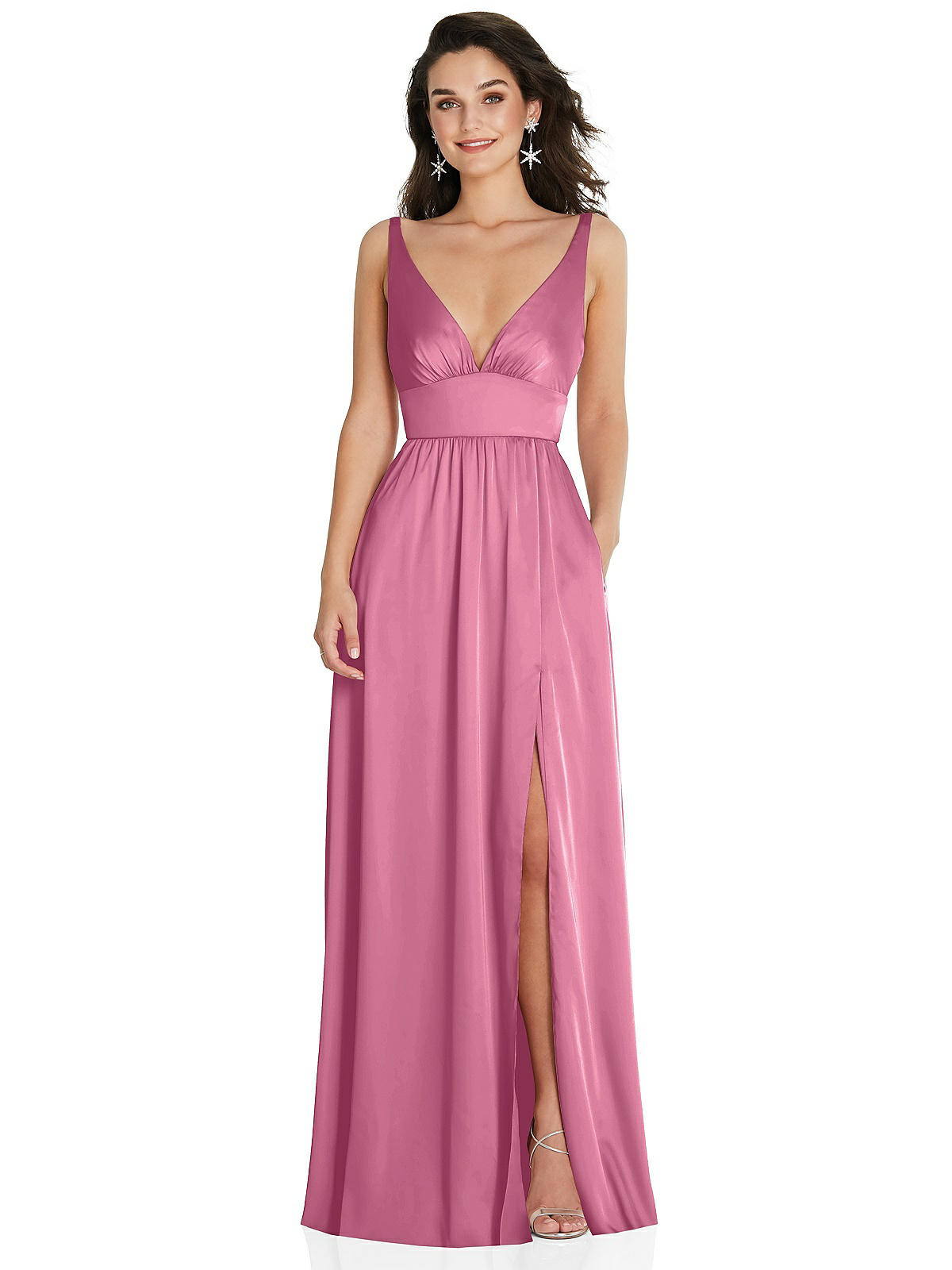 Deep V-Neck Shirred Skirt Maxi Dress with Convertible Straps in Orchid Pink | Dessy Group