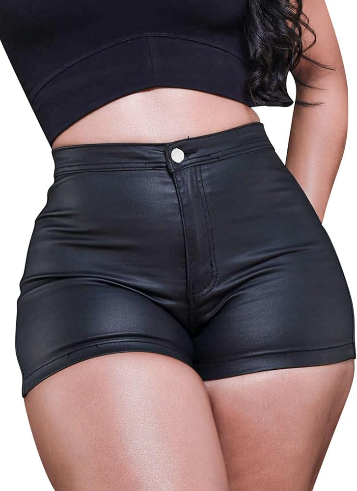 Zebaexf Black Leather Shorts High Waist Sexy Legging Shorts Womens Casual Faux Leather Shorts | Amazon (US)