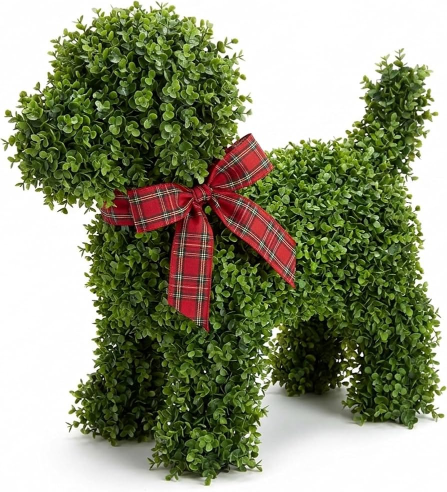 Decorative Dog Topiary Faux Plant with Red Plaid Ribbon, 24.4” Tall Artificial Greenery Puppy S... | Amazon (US)