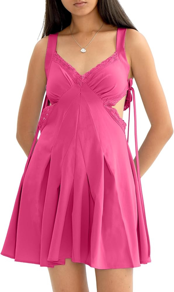 CHERFLY Women's Summer Dress Mini Adjustable Strap Back Tied Short Dresses A-line Swing Sundresse... | Amazon (US)