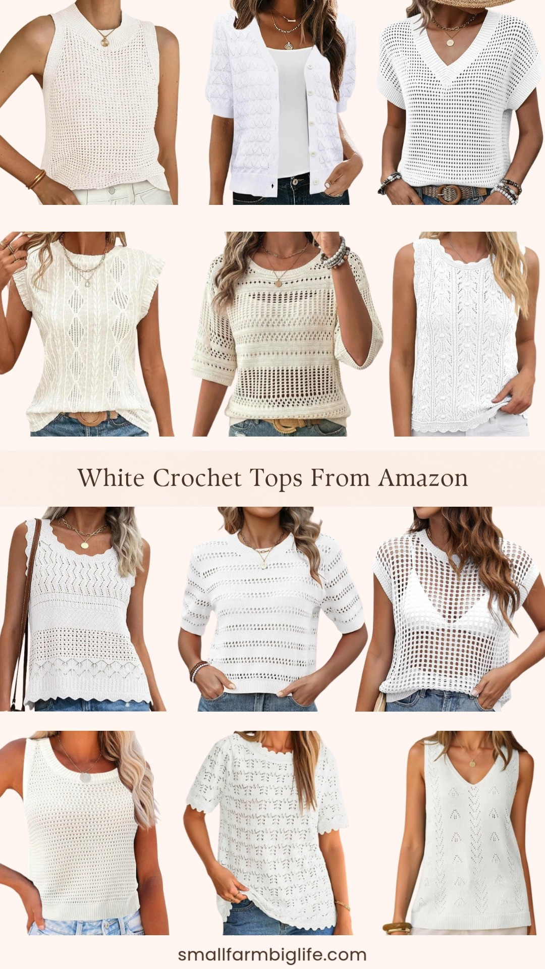 White crochet tops are such a pretty summer trend right now and Amazon has so many beautiful options at really great prices. I rounded up twelve styles including sleeveless tanks, cap sleeve tops, short sleeve sweaters, and open front crochet knit styles so there is something for every preference and occasion. The hollow out and crochet knit textures add such a beautiful detail that makes these tops look so much more expensive than they are. Style them with linen wide leg pants, denim shorts, or a maxi skirt for an easy and elevated summer look. Tap to shop! 

 #LTKgrwm #LTKootd #LTKOver40