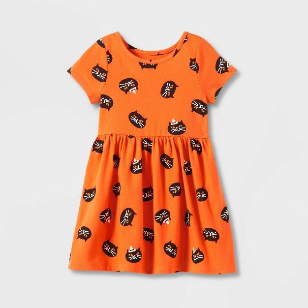 Toddler Girls' Halloween Cat Short Sleeve Knit Dress - Cat & Jack™ Orange | Target