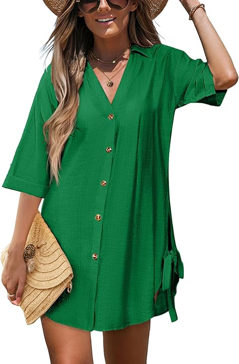 AI'MAGE Womens Bathing Suit Cover Ups 3/4 Sleeve Bikini Swimsuit Coverup Drawstring Button Down B... | Amazon (US)