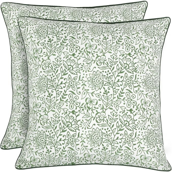 Ridhi Green Block Print Preppy Grandmillennial Pillow Cover Set of 2-24" x 24" Throw Pillow for H... | Amazon (US)