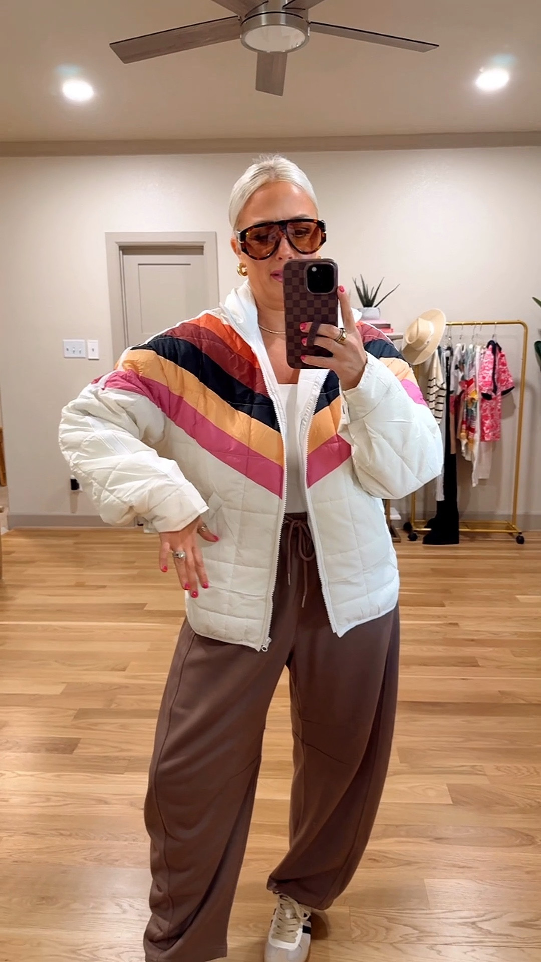 Transitional spring weather outdoor 
Jacket - medium 
Joggers - small 