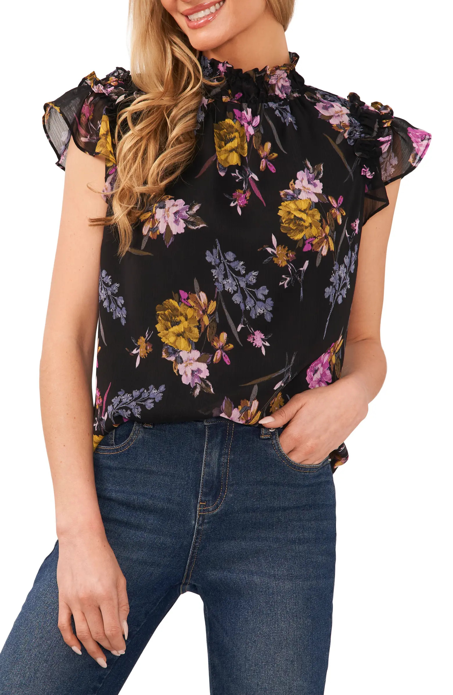 CeCe Floral Mock Neck Chiffon Blouse | Nordstrom | Nordstrom