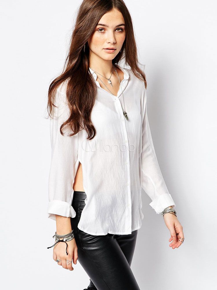 White Blouse Split Chic Polyester Blouse For Women | Milanoo